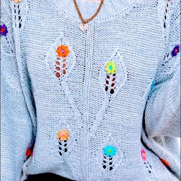 NWT! COLORFUL FLOWER HAND EMBROIDERED DROP SHOULDER POINTELLE KNIT SWEATER-GRAY! - Picture 7 of 14